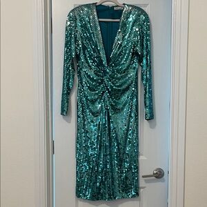 Oleg Cassini Teal Sequin Long Sleeve Dress